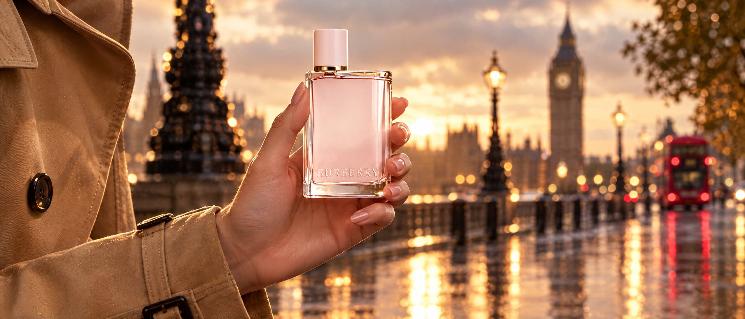 Burberry Her held on a rainy London street at golden hour