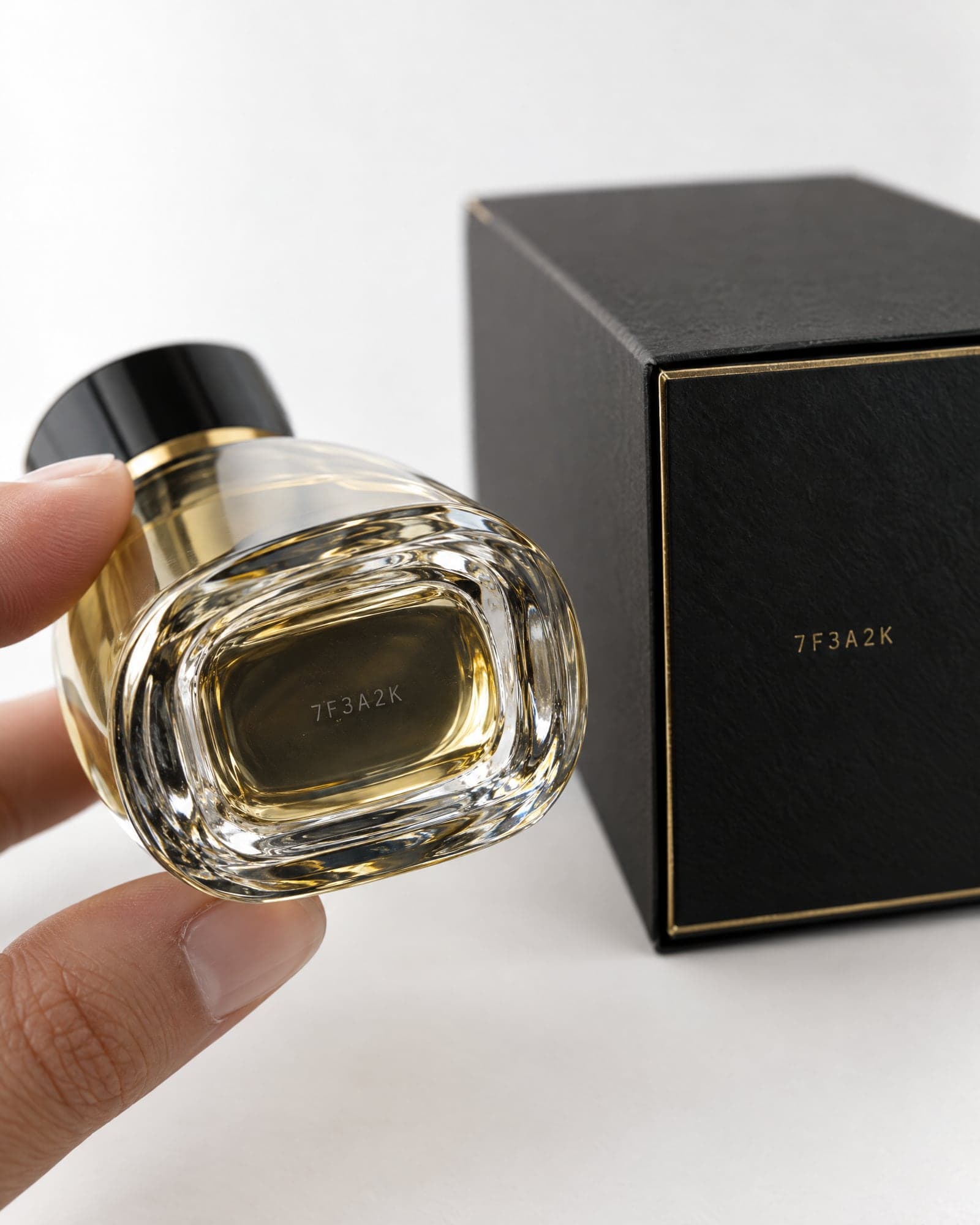 The base of a perfume bottle showing its batch code, with the matching code stamped on the box
